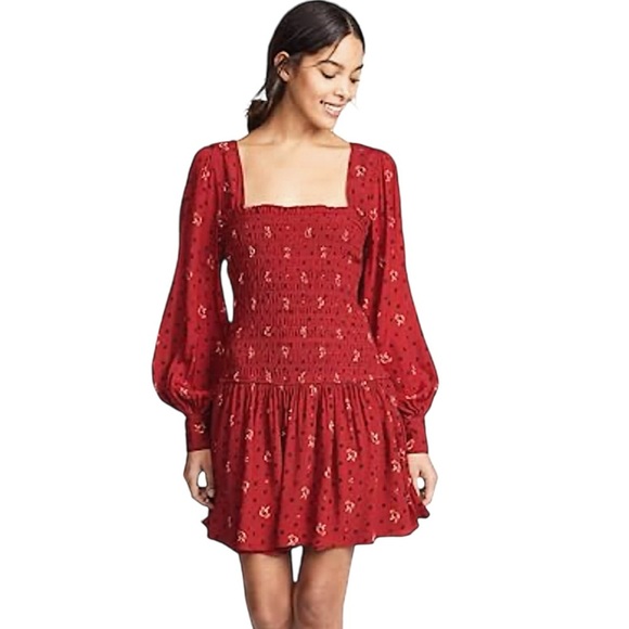 Free People Two Faces Mini Dress ruby red floral smocked long sleeve XS boho - Picture 7 of 16